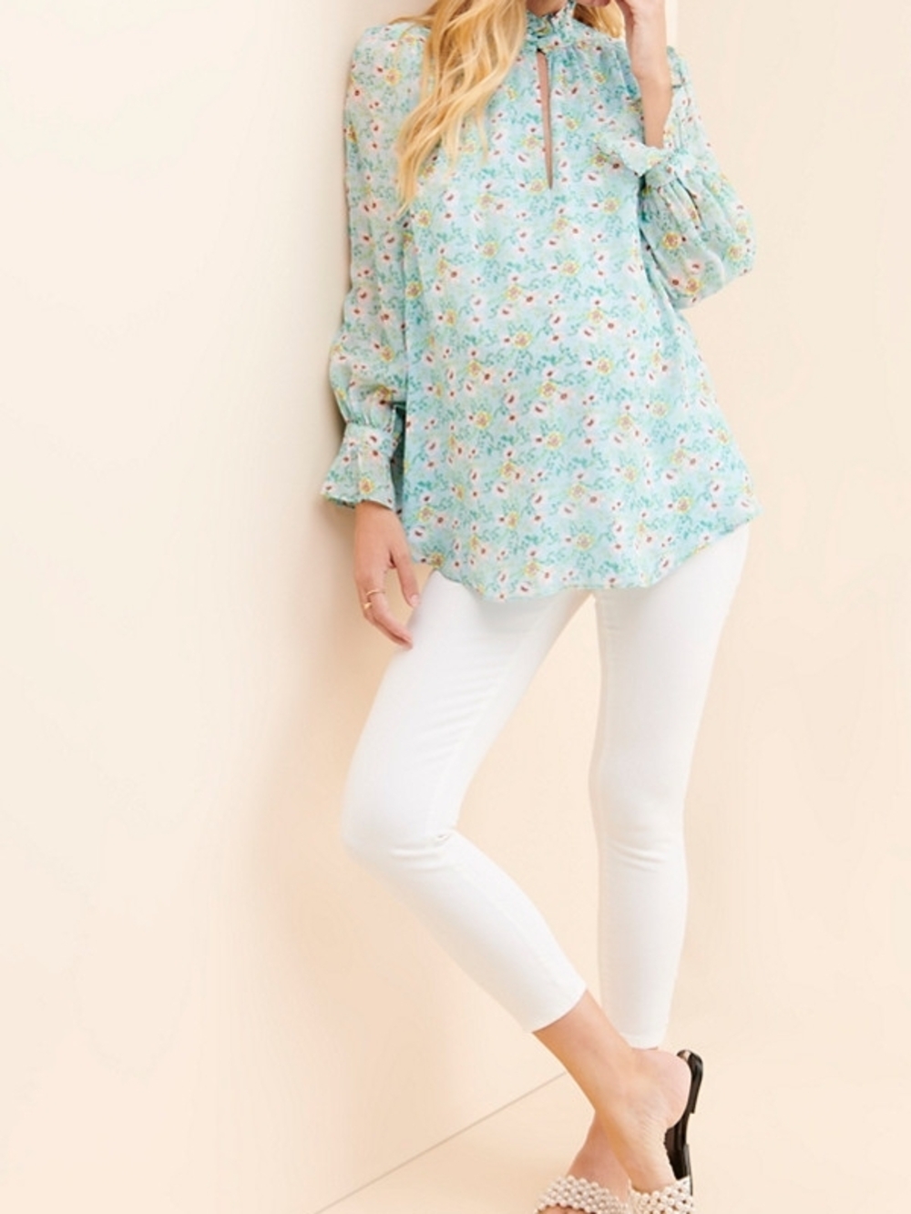 Yumi Kim Mint Floral Ruffle-Neck Long Sleeve  Maternity Blouse